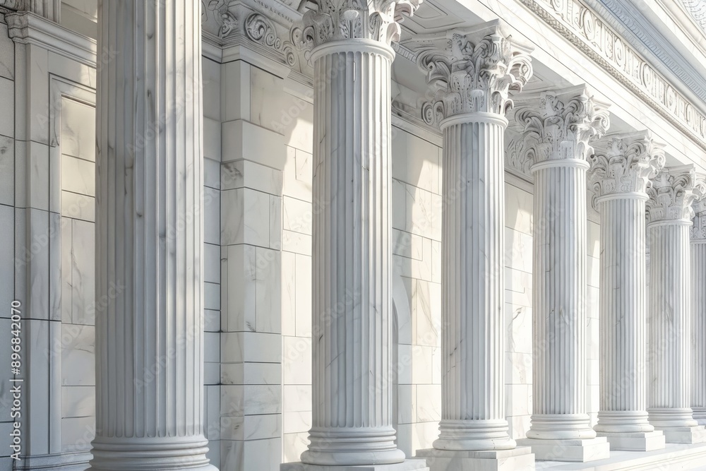 Poster a straight row of marble columns standing in front of a grand building, experiment with different te