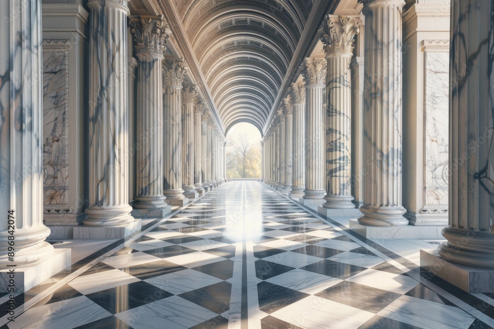 Poster a hallway lined with sturdy columns and pillars, experiment with different textures and patterns to 