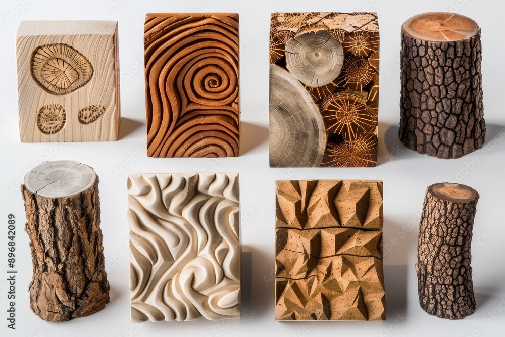 Poster a variety of wood carvings showcasing different designs and patterns, experiment with different shap