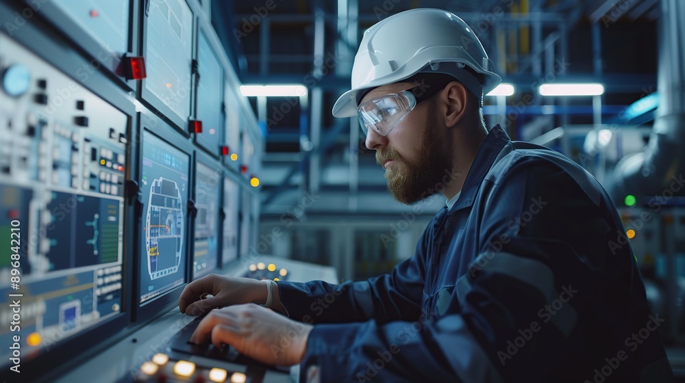 Poster engineer interacts with a control panel in a modern industrial setting. the engineer is wearing a ha