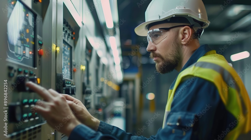 Poster engineer interacts with a control panel in a modern industrial setting. the engineer is wearing a ha