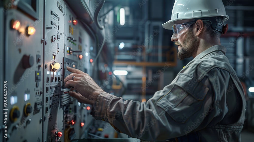 Poster engineer interacts with a control panel in a modern industrial setting. the engineer is wearing a ha