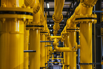 Intricate yellow gas pipelines in industrial plant