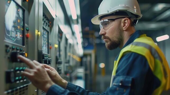 Engineer interacts with a control panel in a modern industrial setting. The engineer is wearing a hard hat and safety glasses and appears focused on the task at hand.