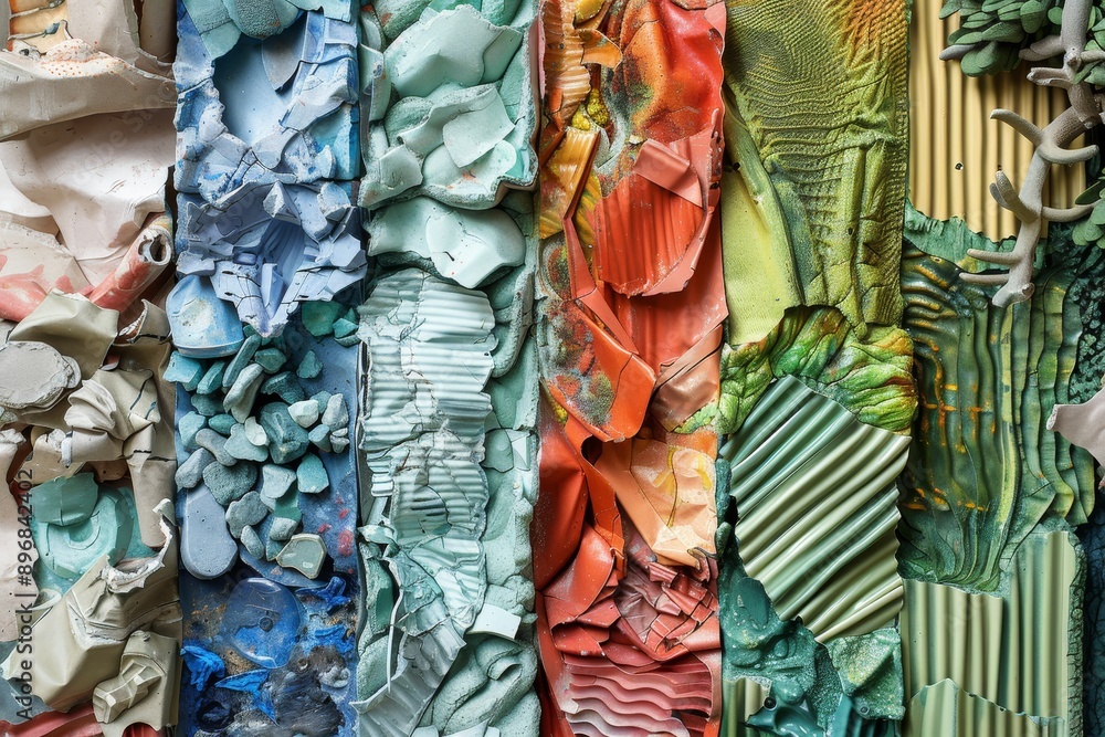 Poster row of vibrant paper pieces lined up on a wall, creating a colorful display, experiment with differe
