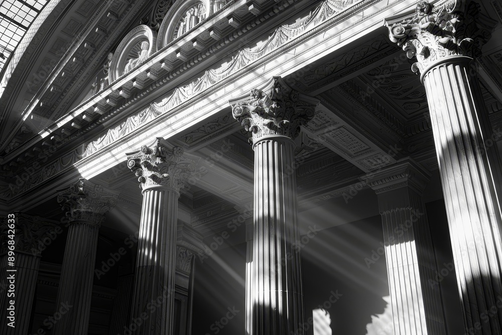 Poster black and white rows of columns standing tall within an urban building, experiment with light and sh