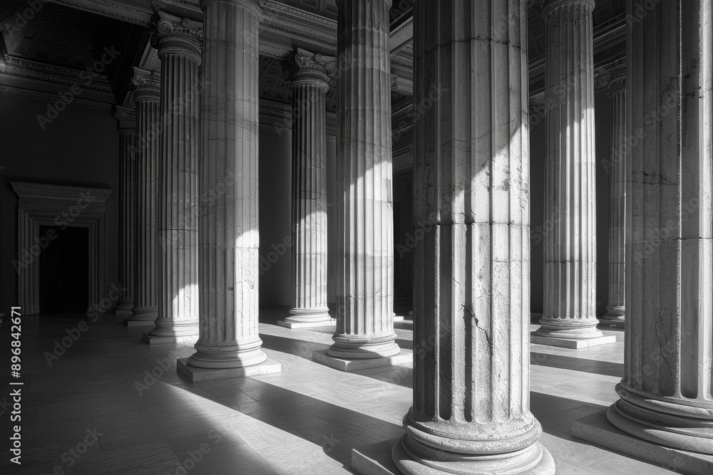Poster black and white photo of columns in a room, experiment with light and shadow to emphasize the classi
