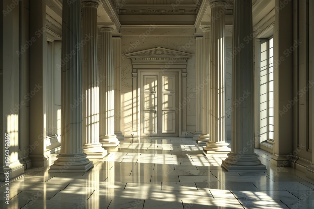 Aufkleber sunlight streams through windows, casting shadows on columns in a hallway, experiment with light and