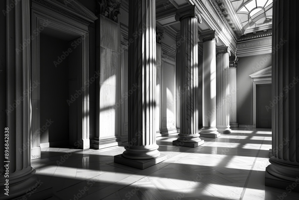 Poster monochrome image of architectural columns, experiment with light and shadow to emphasize the classic