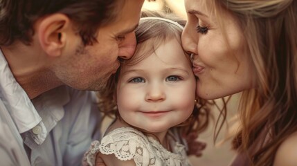 two loving parents kissing their little girls cheeks - family portrait