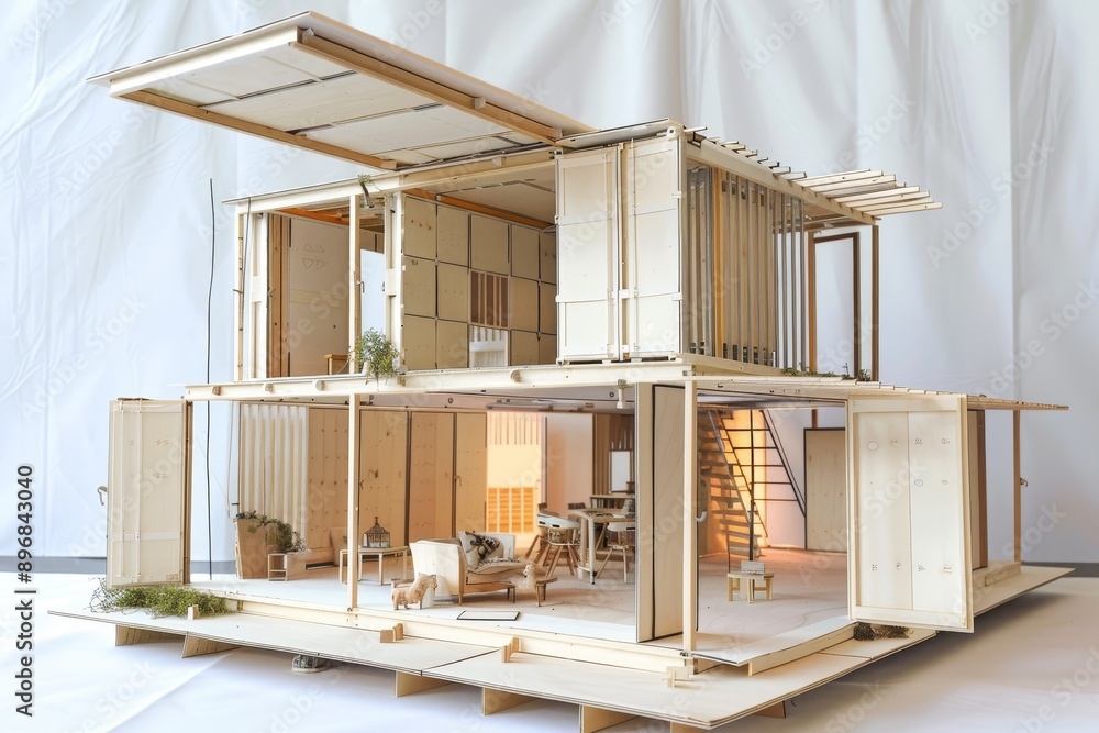 Poster model of a house constructed with shipping containers, experiment with modular construction techniqu