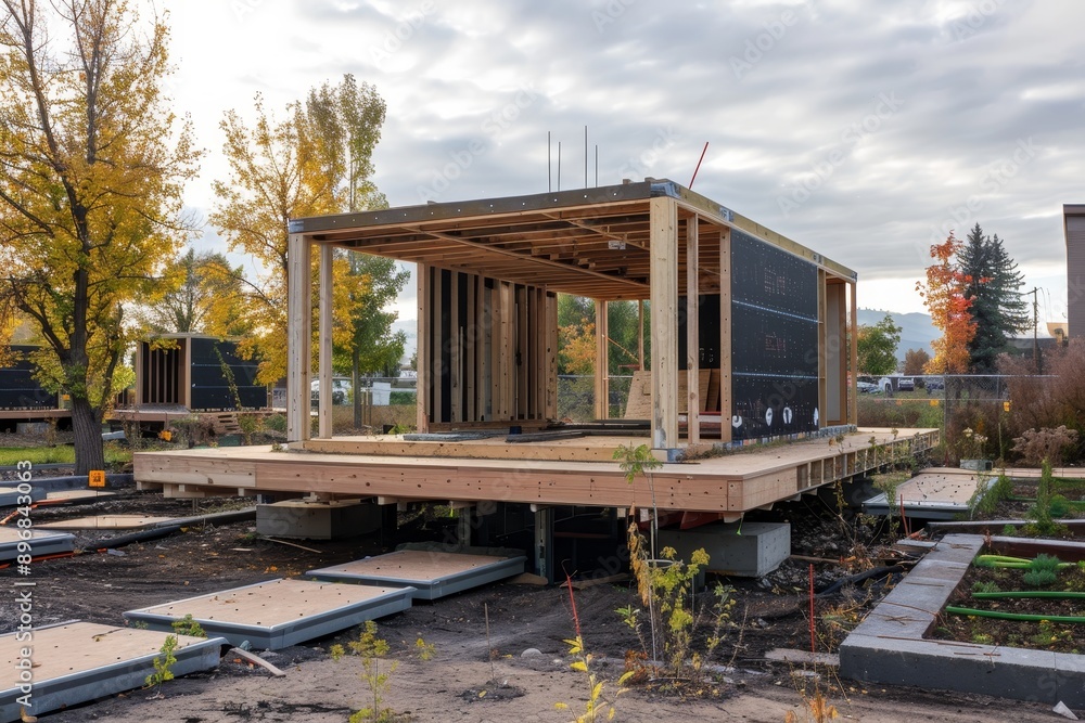 Poster a house is in the process of being built in the center of a yard, experiment with modular constructi