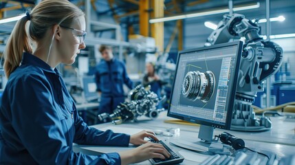 Factory workers, a female mechanical engineer designs a 3D engine on her personal computer, while a male automation engineer uses a laptop for programming robotic arms.