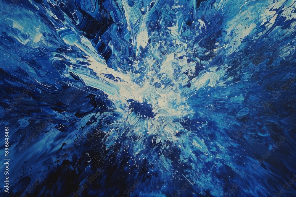 Poster a vibrant abstract painting featuring a burst of deep blue colors spreading across the canvas, exper
