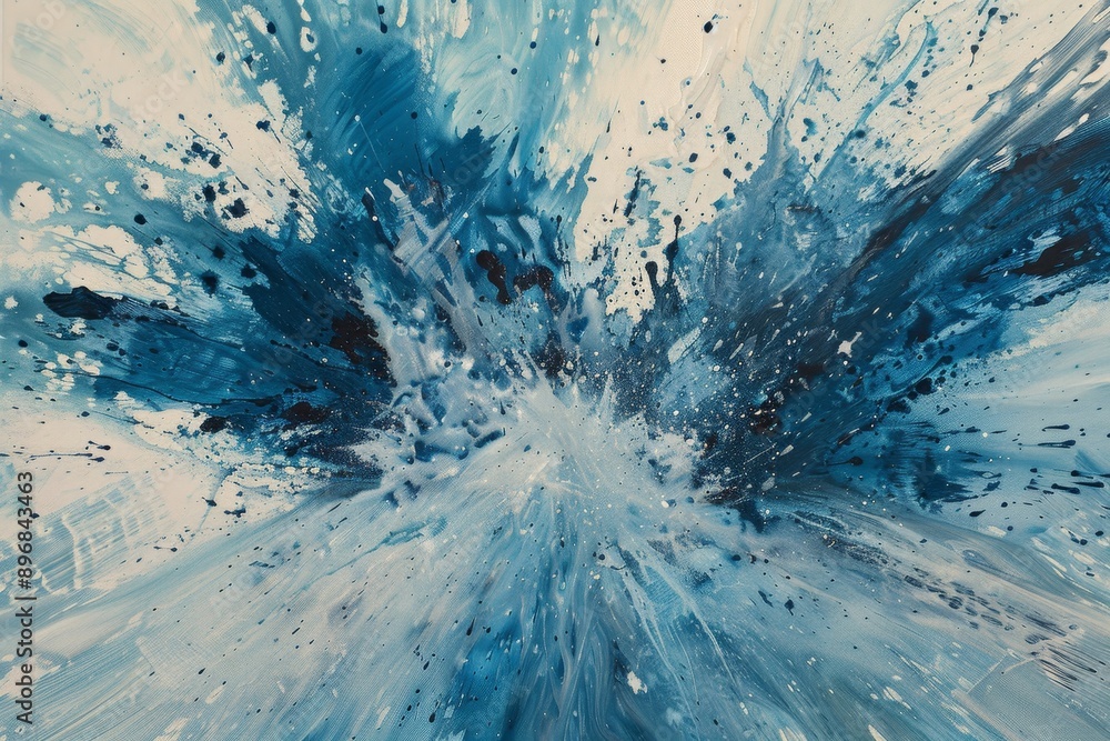 Poster an abstract artwork featuring dynamic blue and white splashes blending into intriguing patterns, exp