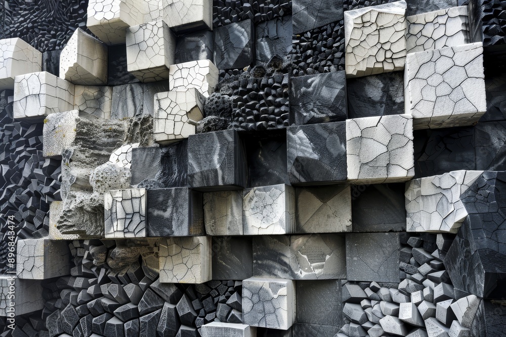 Poster wall constructed from black and white cubes, creating a geometric pattern, experiment with varying t
