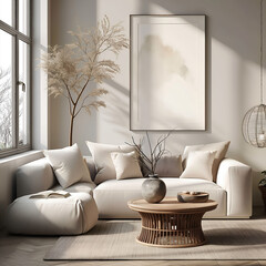 Aesthetic minimalist room interior design. Mockup picture frames. Mock up poster on the walls. Copy space. Clean scandi apartment for decoration. Neutral colors. Modern style.