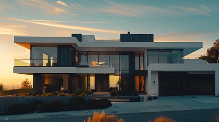 Modern Luxury Home at Sunset. sunset in the city
