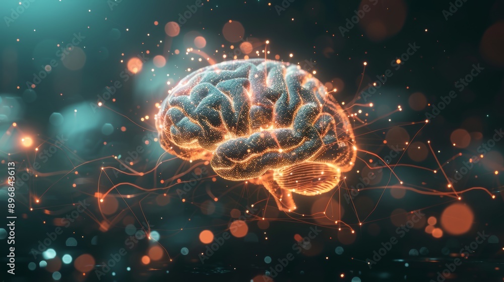 Poster glowing digital brain with neural connections, futuristic artificial intelligence concept