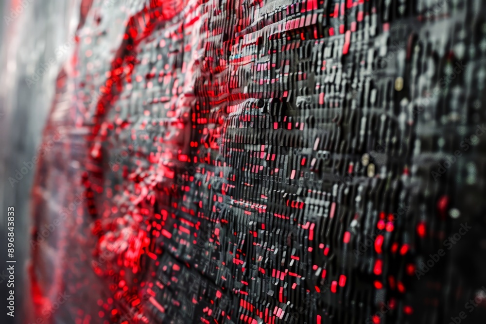 Poster Red dots scattered on a black surface, creating a contrast in color, Experiment with the dual nature of binary code in a dynamic art piece
