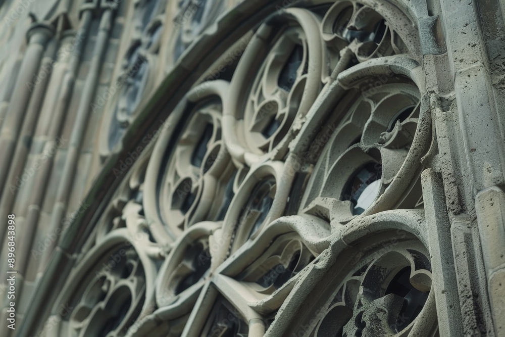 Poster detailed view of intricate tracery on a historic buildings ornate window, experiment with the intric