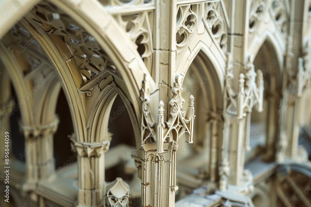 Poster detailed view of a miniature gothic structure model, showcasing intricate architectural features, ex