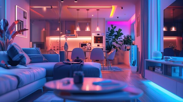 Smart home interior, interactive home automation interfaces, smart appliances in action, contemporary living space with IoT connectivity, ambient lighting. Copy space.