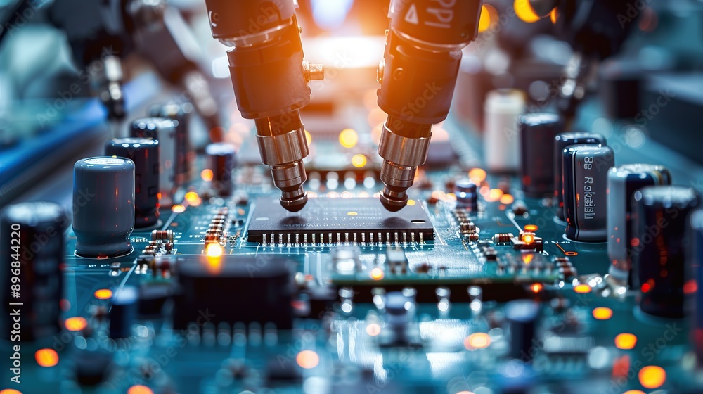 Poster component installation and quality control of circuit board. fully automated pcb assembly line equip