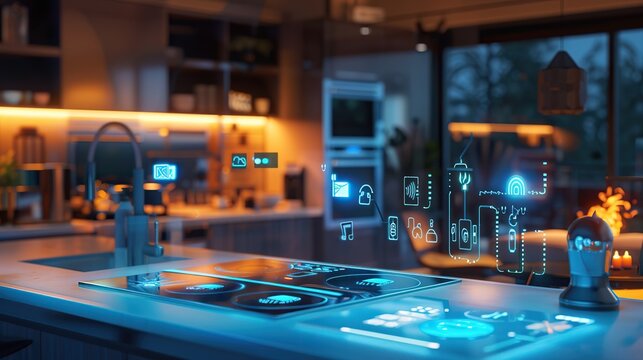 Smart home interior, interactive home automation interfaces, smart appliances in action, contemporary living space with IoT connectivity, ambient lighting. Copy space.