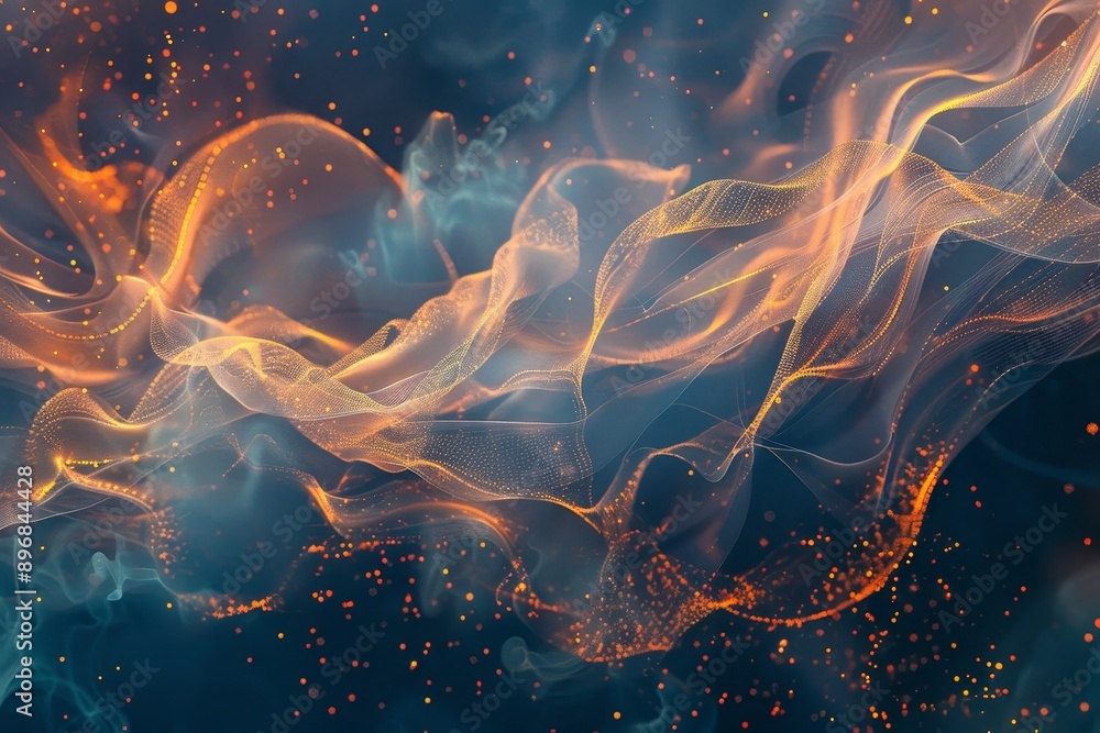 Poster orange and blue smoke swirl on a dark background in an abstract composition, experiment with transpa