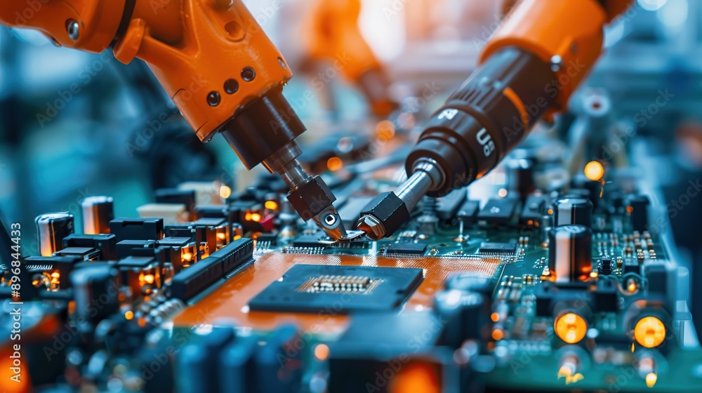 Poster component installation and quality control of circuit board. fully automated pcb assembly line equip