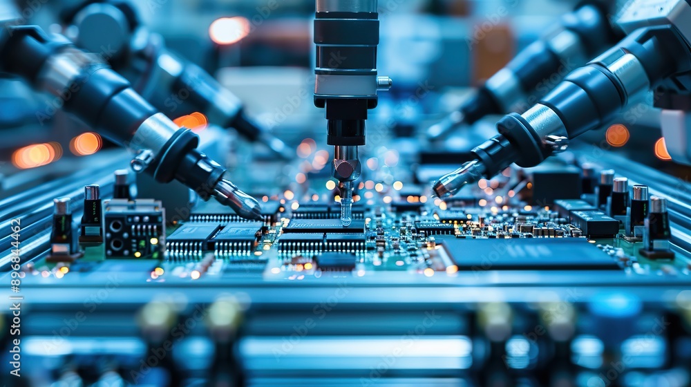 Poster component installation and quality control of circuit board. fully automated pcb assembly line equip