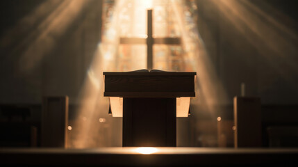 A church pulpit bathed in warm light, with a cross illuminated in the background. The image evokes a sense of hope and spirituality.