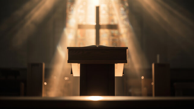 A church pulpit bathed in warm light, with a cross illuminated in the background.  The image evokes a sense of hope and spirituality.