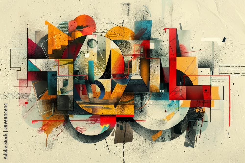 Poster assorted colorful shapes create a dynamic composition in an abstract painting, experiment with typog