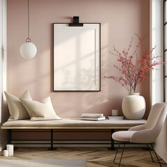Aesthetic minimalist room interior design. Mockup picture frames. Mock up poster on the walls. Copy space. Clean scandi apartment for decoration. Neutral colors. Modern style.