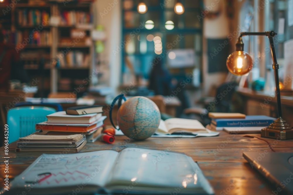 Poster a desk covered with various books and a globe placed on it, experiment with visual representations o