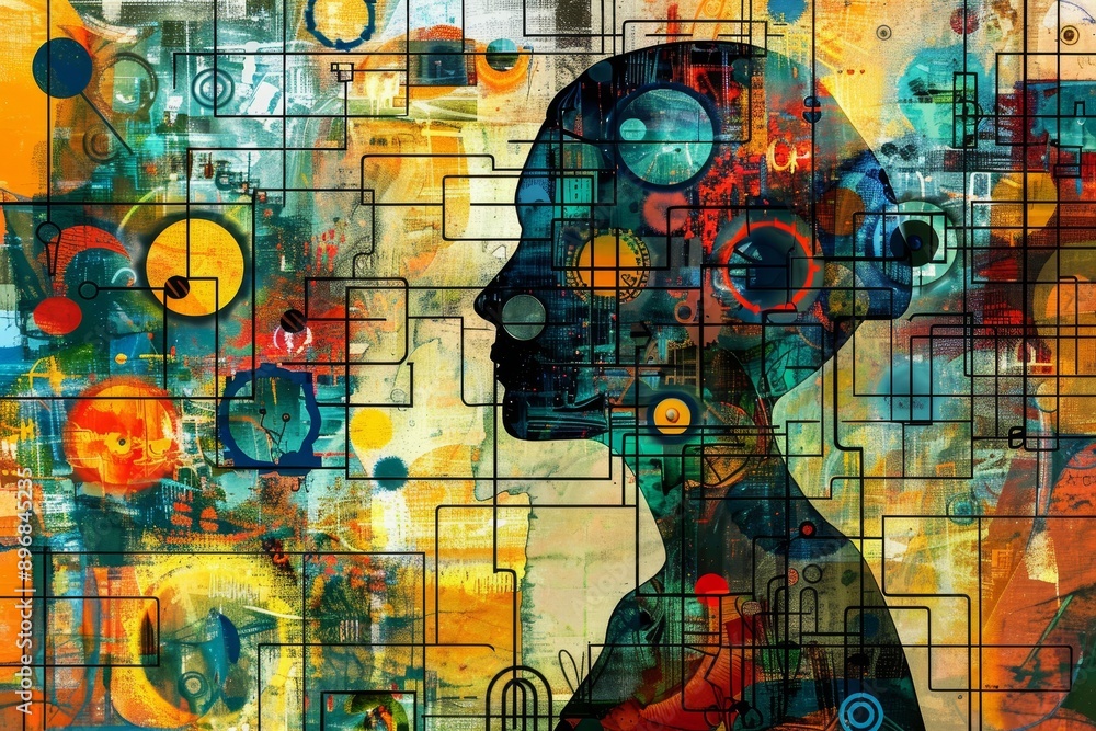 Aufkleber an abstract painting featuring a woman standing in front of a vibrant, colorful background, experime