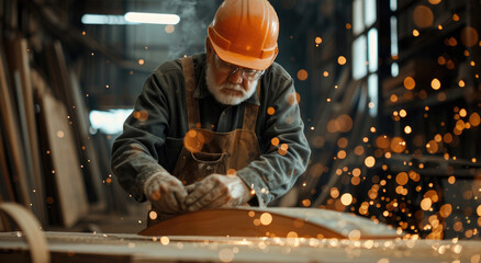 an elderly man in his mid-60s with white hair and beard, wearing blue plaid shirt and yellow hard hat is seen chiseling wood on large lathe machine at the factory