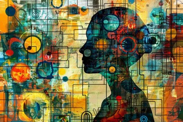 An abstract painting featuring a woman standing in front of a vibrant, colorful background, Experiment with visual representations of synchronous and asynchronous learning activities