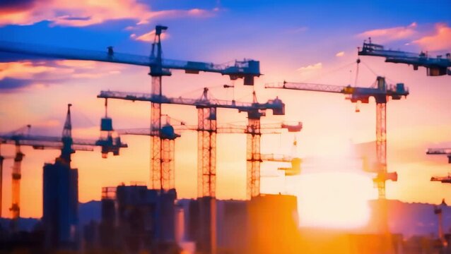Sunset Over Construction Site with Cranes