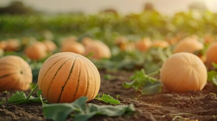 Exotic melons, sun-drenched fields, ripe harvest, Photo style