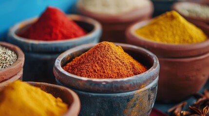 Exotic spices, colorful market stall, aromatic, Photo style