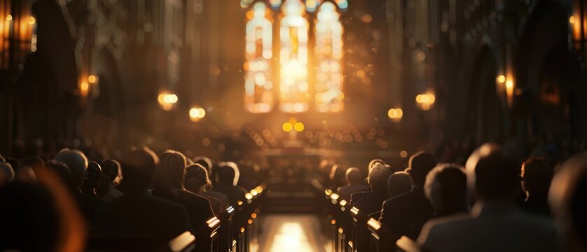 A congregation sits in a church, bathed in warm light from stained glass windows.