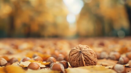 Fototapeta premium Nut trees, golden nuts, autumn harvest, Photo style