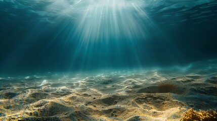 Fototapeta premium Underwater In Blue Sea, Deep Water Abyss With Abstract Sunshine