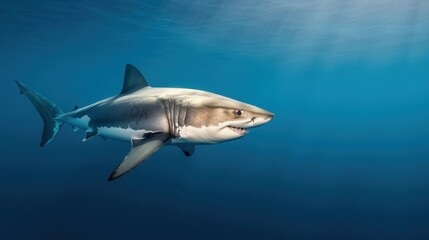 Obraz premium A great white shark swims gracefully through the blue ocean water, its sleek body and powerful tail propelling it forward