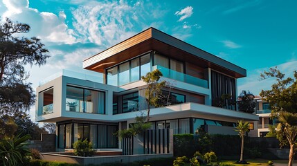 Modern Luxury Home at Sunset. sunset in the city
