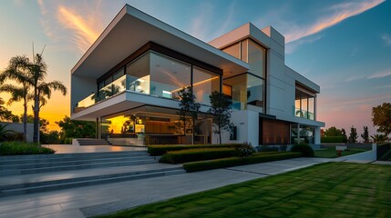 Modern Luxury Home at Sunset. sunset in the city
