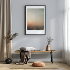 Aesthetic minimalist room interior design. Mockup picture frames. Mock up poster on the walls. Copy space. Clean scandi apartment for decoration. Neutral colors. Modern style.